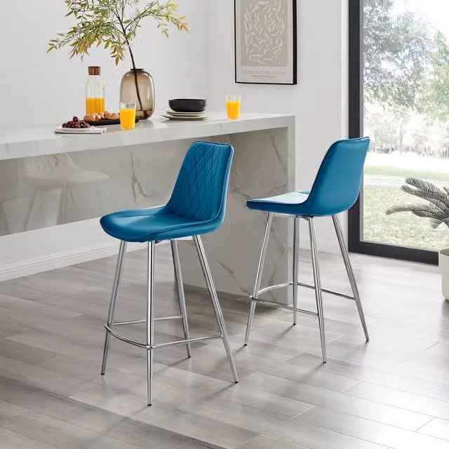 FurnitureboxUK Pesaro Velvet Upholstered Kitchen Breakfast Bar Chairs in Blue with Silver Metal Legs, Set of 2