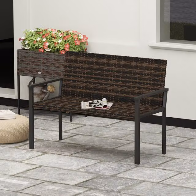 Outsunny Modern Rattan Garden Bench with Quick-Drying Padding in Mixed Brown