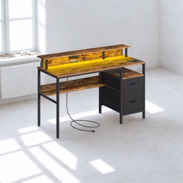 Pirlo Plush Industrial Computer Desk with USB Outlets and LED Lights, Brown, W: 135 cm, D: 50 cm