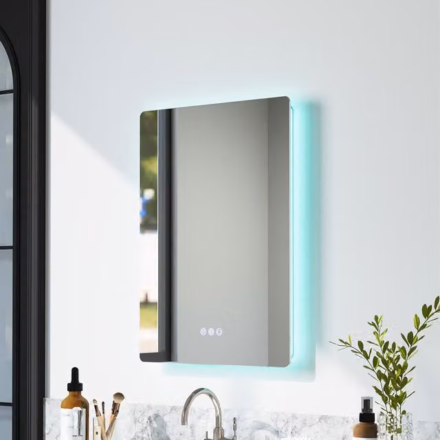 Livingandhome Modern Anti-Fog Bathroom Mirror with RGB LED Ambient Lighting in Silver