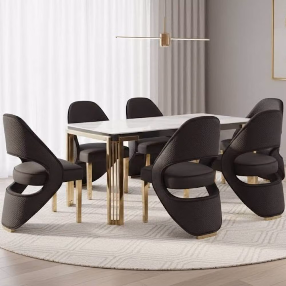 HOME LUXE INTERIOR Sorrento White Marble Rectangular Dining Table and 6 Santorini Black and Gold Chairs – 2