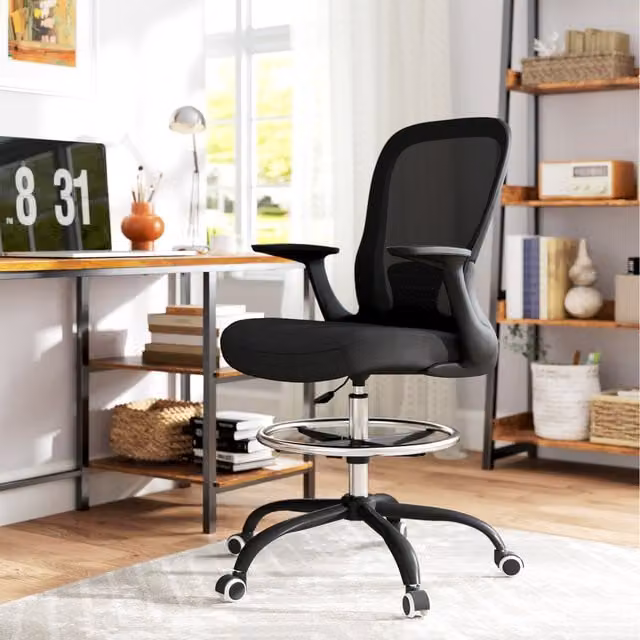 HOMCOM Ergonomic Drafting Chair with Flip-up Armrests and Foot Ring, Black