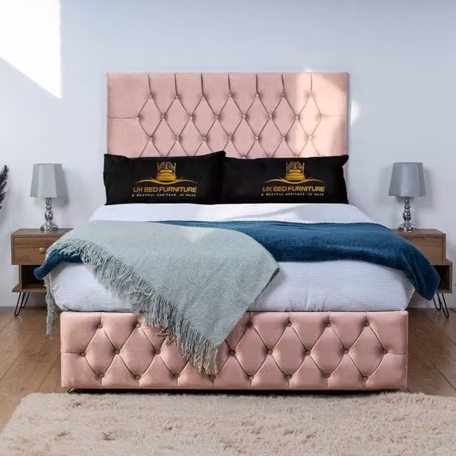 UK Bed Furniture Monaco Pink Velvet Upholstered Divan Bed Base with 26 Inch Headboard, W/D: 120 x 200 cm