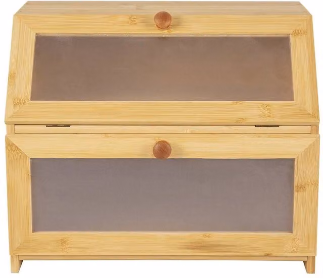 PAWNORA 2-Tier Bamboo Bread Box Kitchen Countertop Storage Bin with Door, Beige