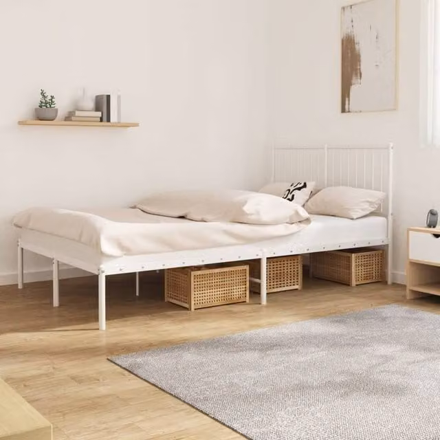 Berkfield Home Metal Bed Frame with Headboard in White, W/D/H: 120 x 190 cm
