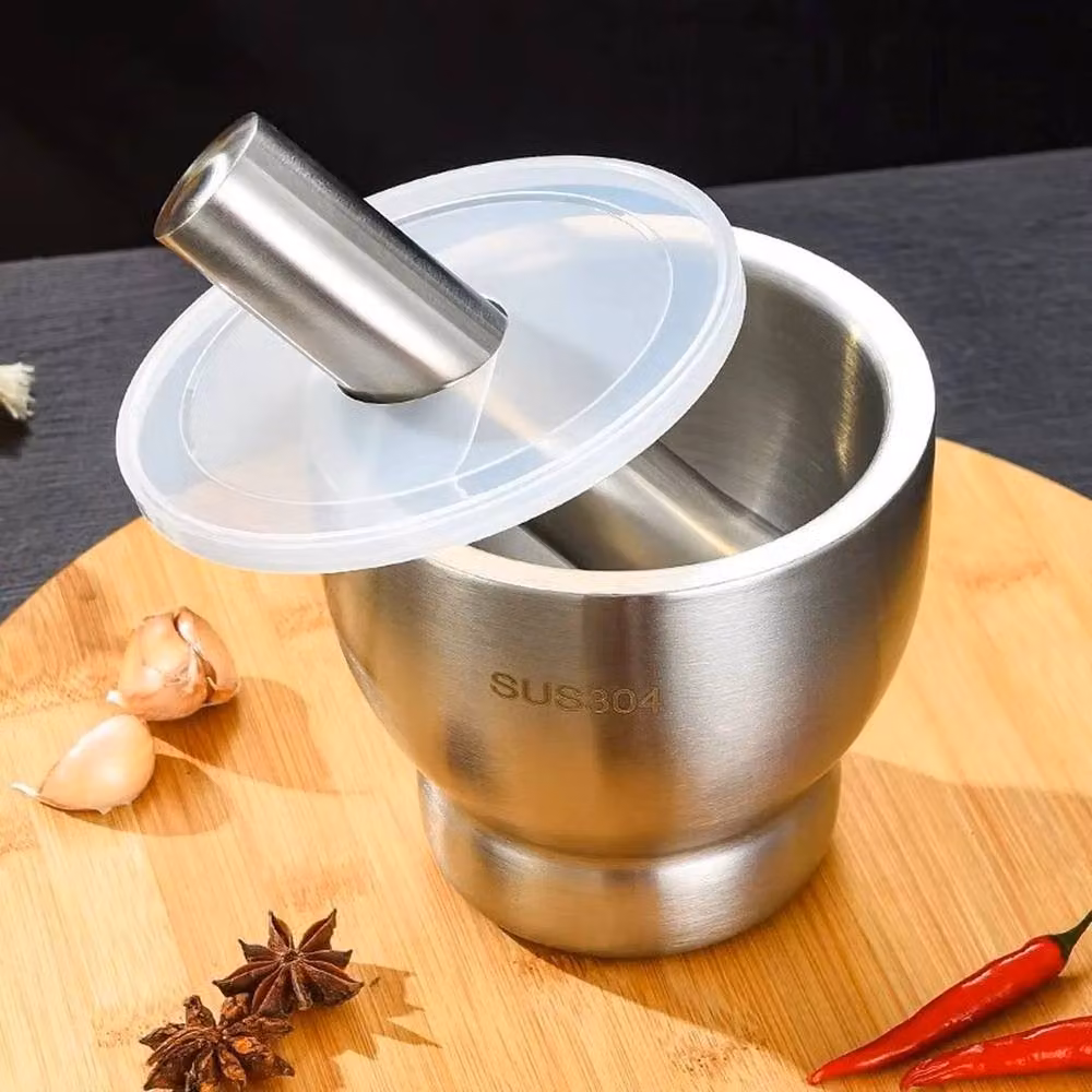 FLAVORA Silver Stainless Steel Garlic Mortar and Pestle Manual Crusher and Grinder with Anti-Splash Lid, Diameter: 18 cm – 3