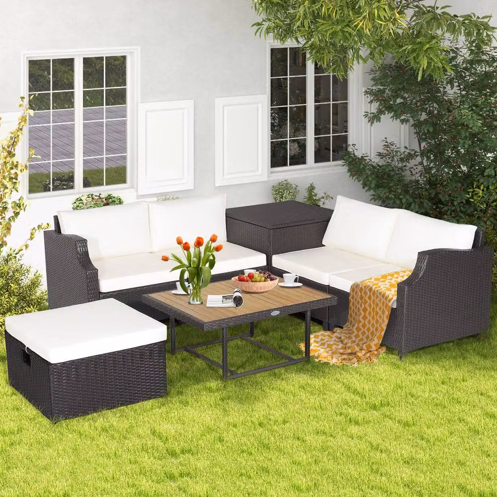 Gymax 7 Piece Outdoor Hand-Woven PE Wicker Furniture Set in Off White – 7