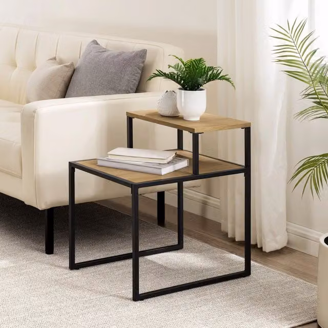 EONLION Rustic Industrial 2-Tier Wood and Metal Side Table in Brown