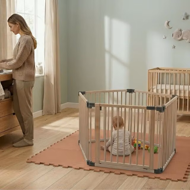 Safetots Hexagonal Wooden Play Den with Soft Foam Play Mat, Dusty Blue and Natural, W/D/H: 180 x 150 x 80 cm
