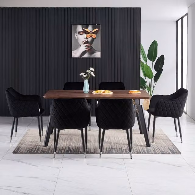 Life Interiors Verona Cosmo LUX Dining Set with Walnut Rectangular Table and 6 Black Velvet Chairs with Gold Accents
