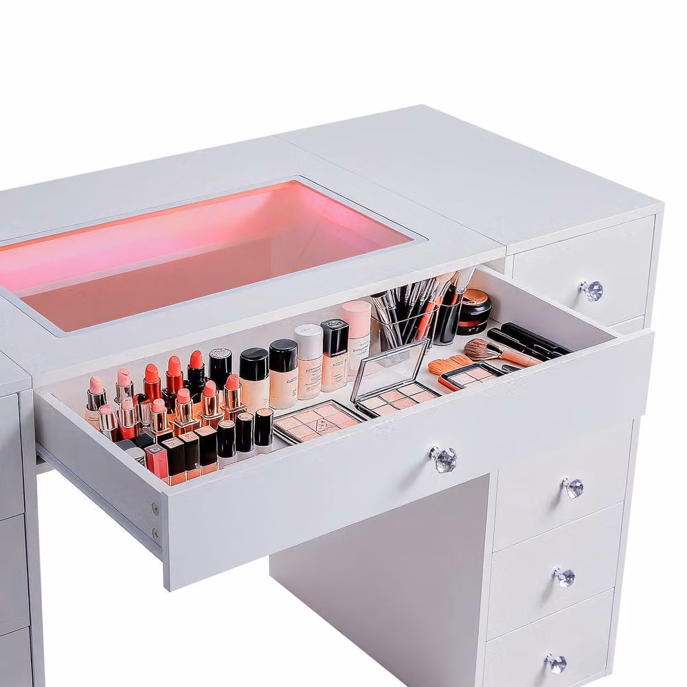 FENCHILIN 11-Drawer Vanity Dressing Table with RGB LED Lights, White, W: 130 cm, D: 55 cm, H: 81 cm – 4