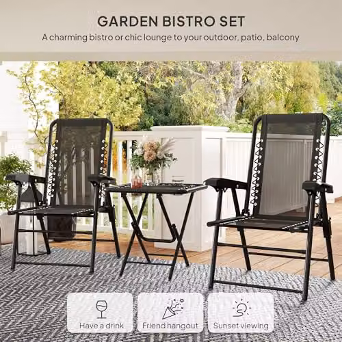 Outsunny 3 Piece Folding Garden Bistro Set in Black Metal – 3