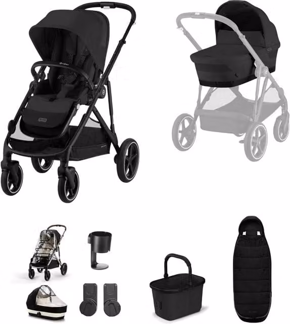 Cybex Gazelle S Pushchair Bundle in Black, 5 Pieces including Carrycot and Cup Holder