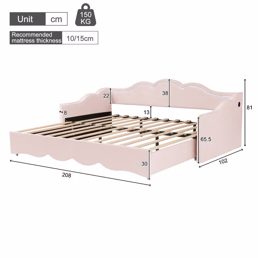 Rolipo Pink Velvet Extendable Daybed with LED Lighting and USB Charging Port, W/D/H: 180 x 190 cm – 3