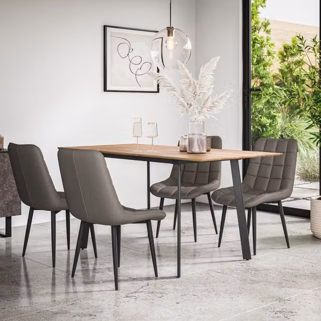 More4Homes Haydon Extending Dining Table and 6 Nova Grey Faux Leather Chairs Set, Oak Effect Top with Black Legs, W/D/H: 120 x 80 x 76 cm – 1