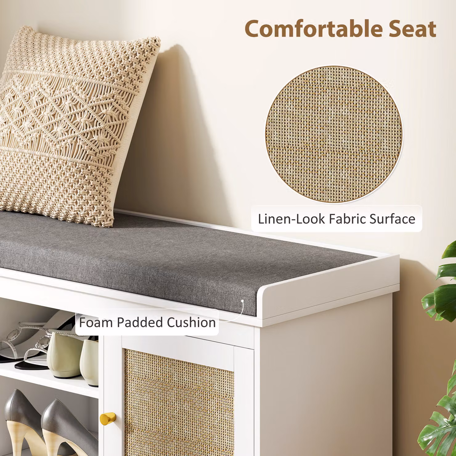 HOMCOM Boho Shoe Storage Bench with Padded Cushion and Rattan Doors in White and Gold, W/D/H: 105 x 47 x 148 cm – 2
