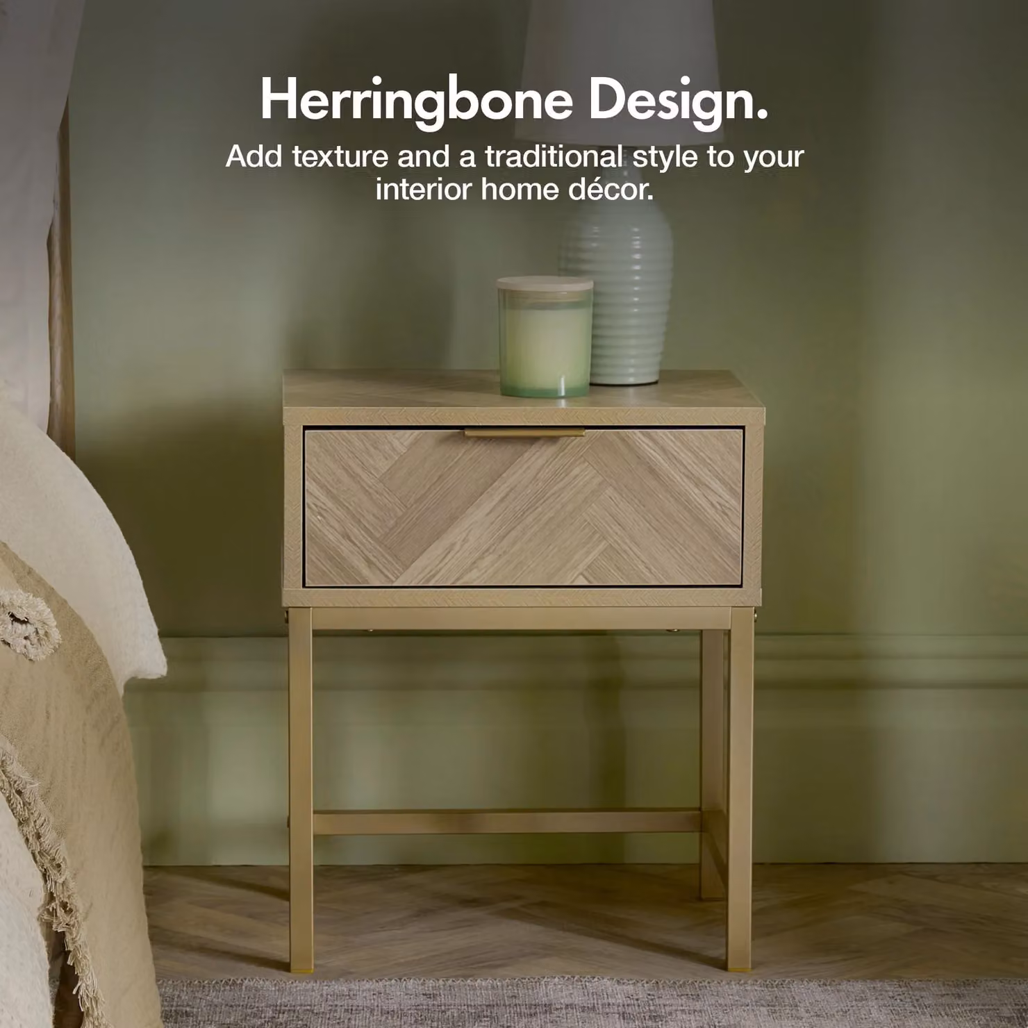 VonHaus Ducie Set of 2 Herringbone Design 1 Drawer Bedside Tables in Brown and Gold – 2