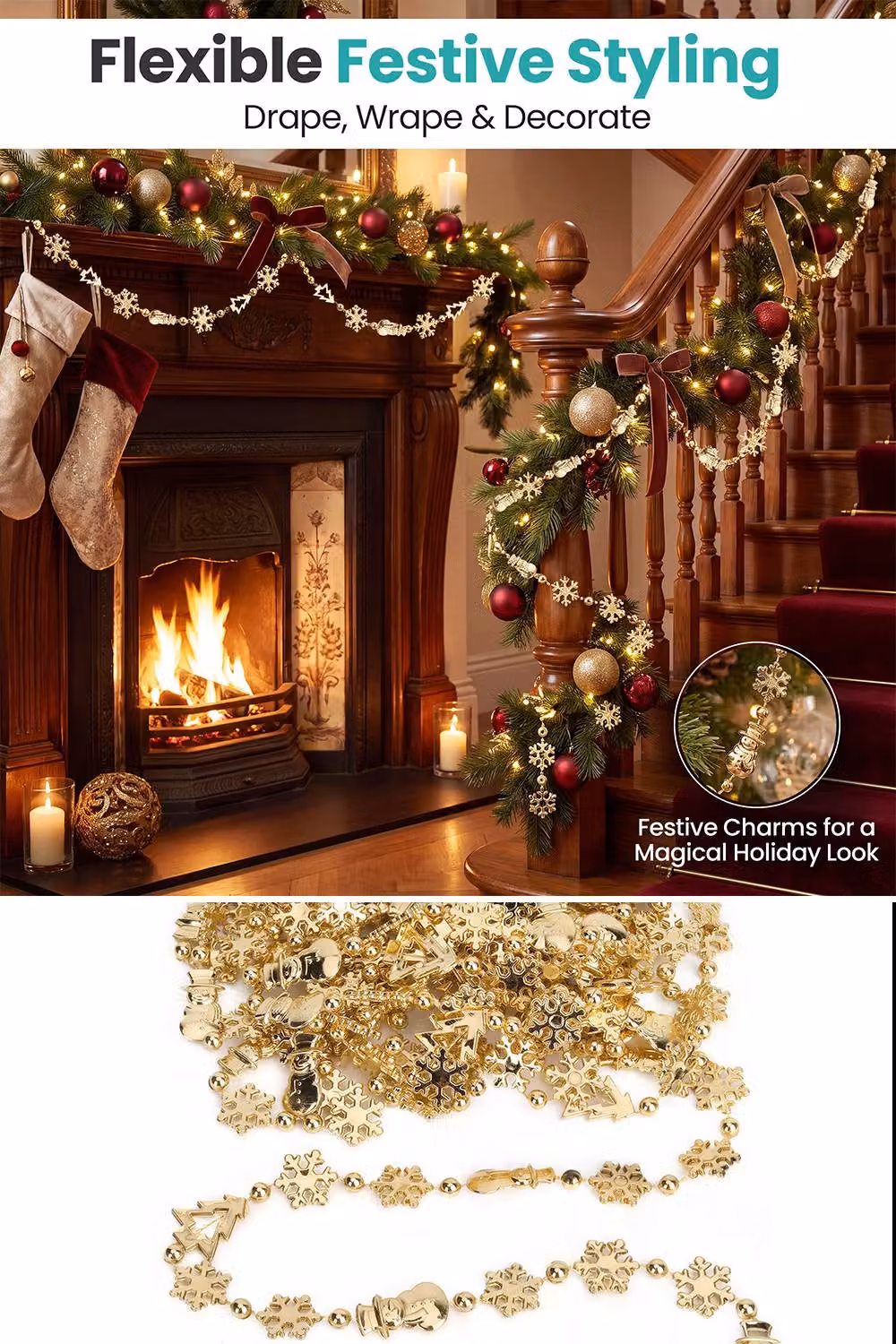 Neel Blue Christmas Bead Chain Garland with Gold Beads and Snowflake Motifs – 5
