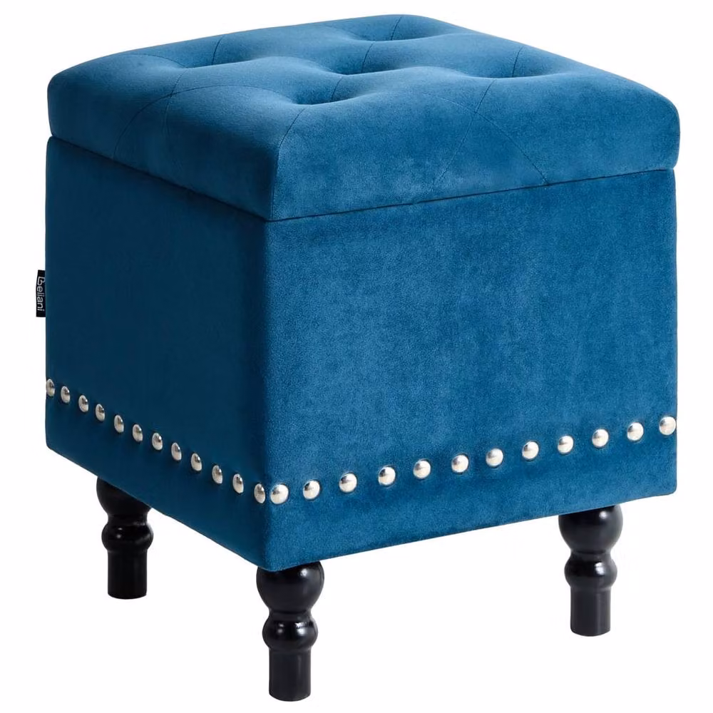 Wyld and Coco Velvet Ottoman in Deep Blue with Tufted Seat and Nailhead Trim – 2