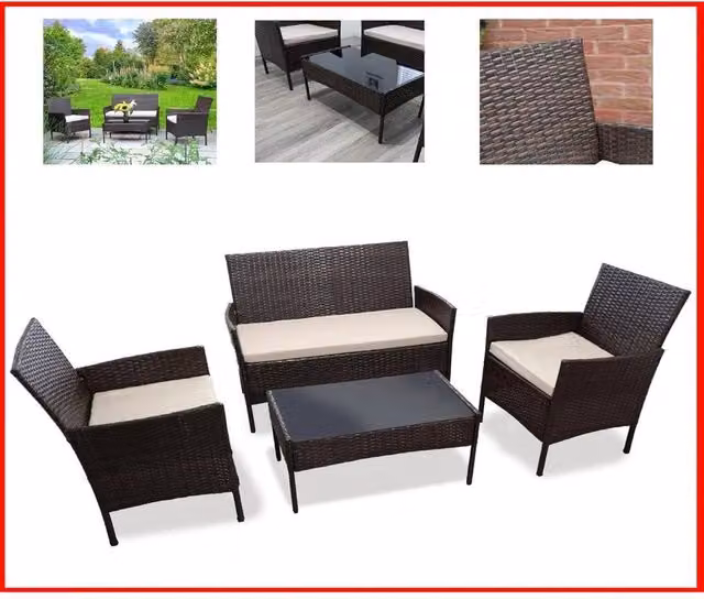 SPETLEK 4-Piece Brown Polyrattan Garden Furniture Set with Upholstered Cushions – 1