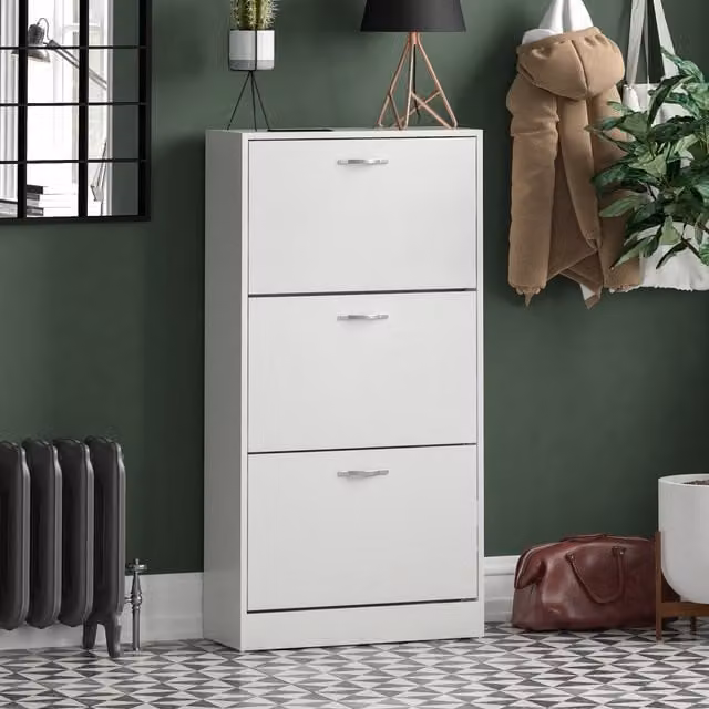 Vida Designs Modern White 3 Drawer Shoe Cabinet with Tilting Compartments