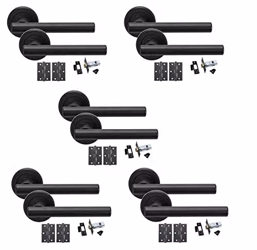 Golden Grace Matt Black Straight T-Bar Door Handles with Hinges and Latch, 5 Sets
