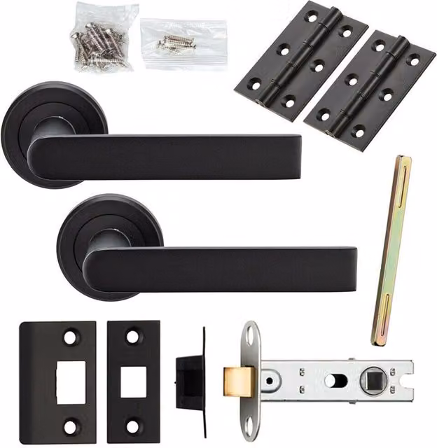 Loops Matt Black Rectangular Lever Door Handle and Latch Pack with Screwless Round Rose