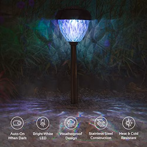 GardenKraft Diamond Cut Solar Path Lights, 4 Pack, Silver Stainless Steel, Multicolour LED, Height: 37 cm – 4
