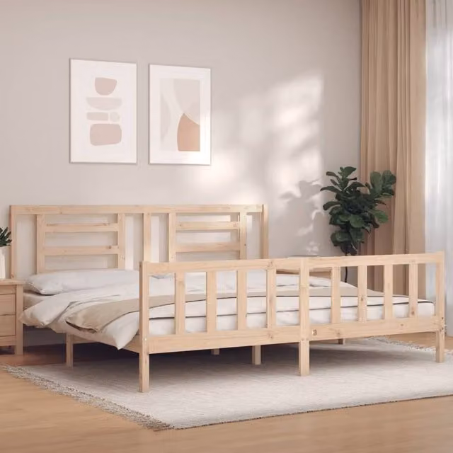 Berkfield Home Solid Pine Bed Frame with Headboard in Brown, 200 x 200 cm