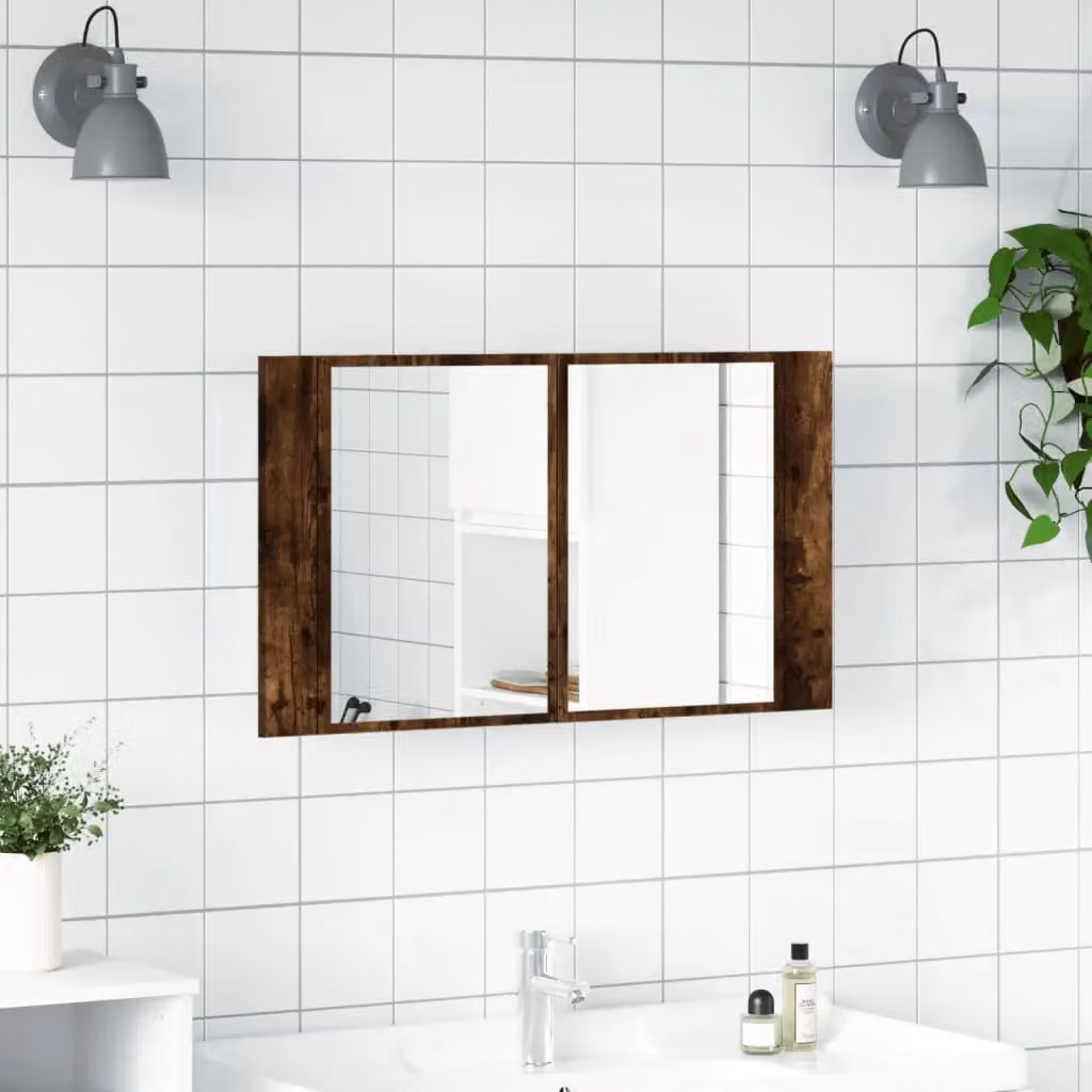 Berkfield Home LED Bathroom Mirror Cabinet in Smoked Oak Brown, W: 80 cm, D: 12 cm, H: 45 cm – 3