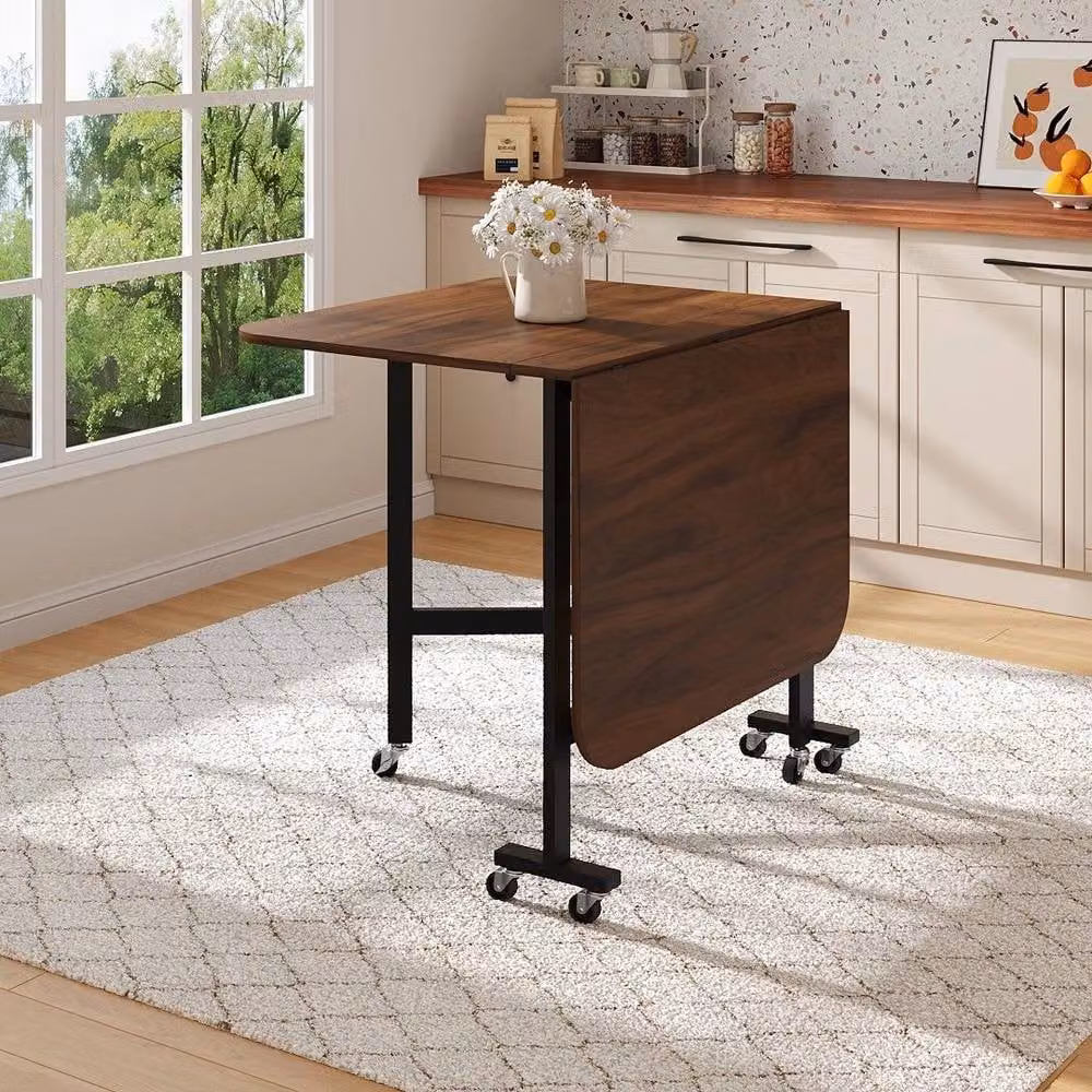 KORVIXA Brown Wood Mobile Drop-Leaf Folding Dining Table with Castors, W/D/H: 100 x 100 x 100 cm – 4