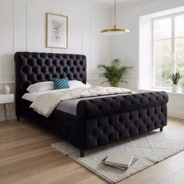 Casani Stenton Chesterfield Upholstered Sleigh Bed Frame in Black Velvet, W/D/H: 144 x 119 x 200 cm