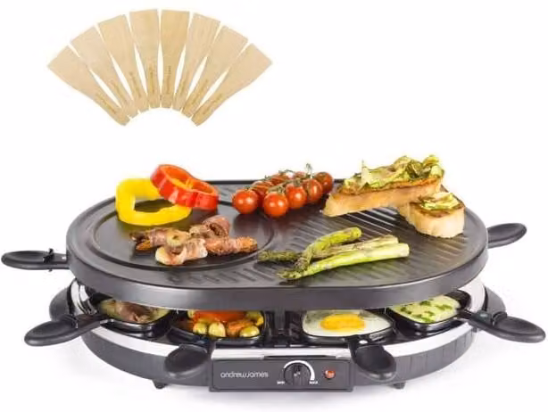Andrew James Traditional Raclette Grill in Black with Non-Stick Ribbed and Smooth Plates