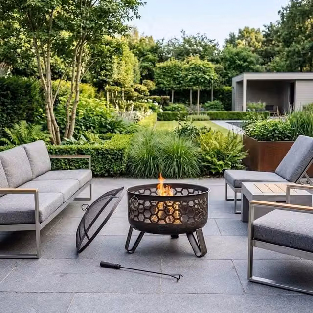 Garden Greatness Miel Contemporary Honeycomb Design Steel Deepbowl Firepit in Black and Gold, W/D/H: 61.5 x 61.5 x 61.5 cm