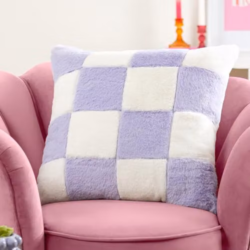 Heya Home Cozee Check Faux Fur Cushion in Purple, W/D/H: 50 x 50 x 50 cm