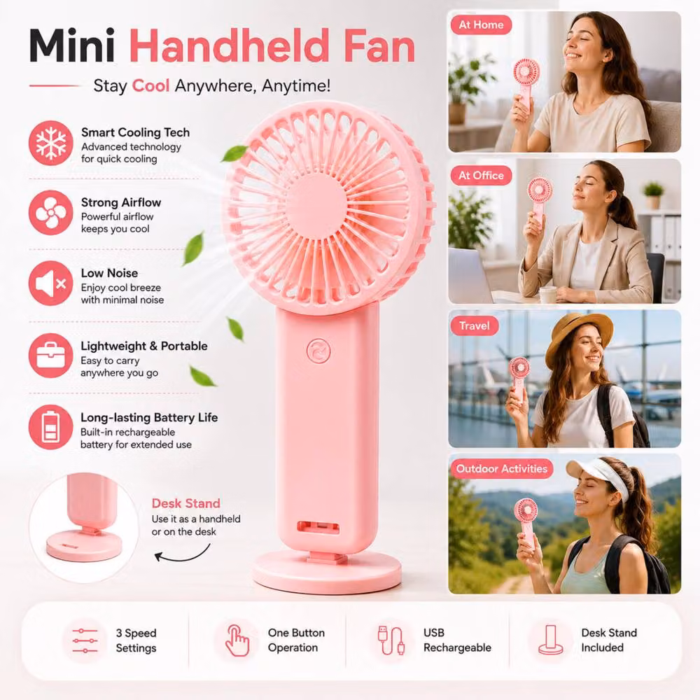 Dyzi Mini Rechargeable Handheld USB Fan in Pink – 2