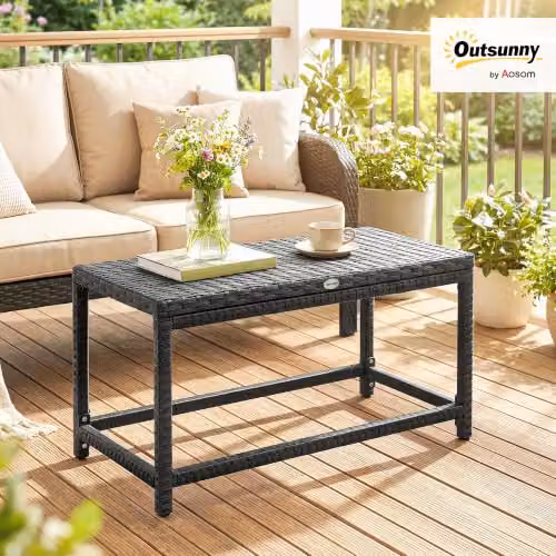 Outsunny Black Outdoor Coffee Table with X-Shaped Frame and Polyrattan Design, W: 80 cm, D: 43 cm, H: 40 cm – 2
