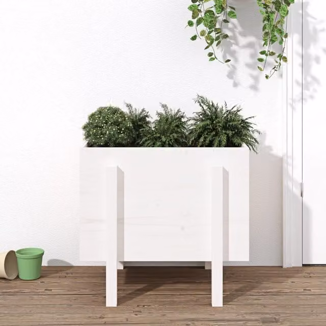 Berkfield Home White Solid Wood Pine Garden Planter Tub W: 62 cm, D: 50 cm, H: 57 cm