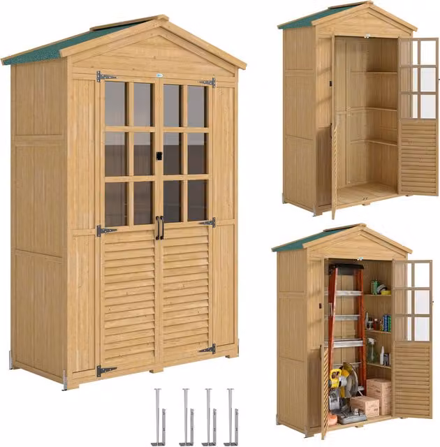 Outsunny Brown Outdoor Storage Cabinet with Glass Doors and Internal Shelving for Garden or Garage