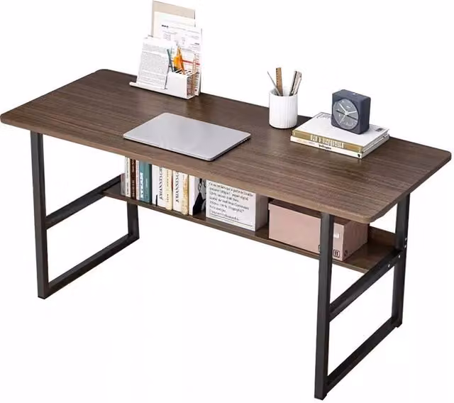 KORVIXA Modern Home Office Computer Desk with Shelf in Brown, W/D/H: 100 x 100 cm