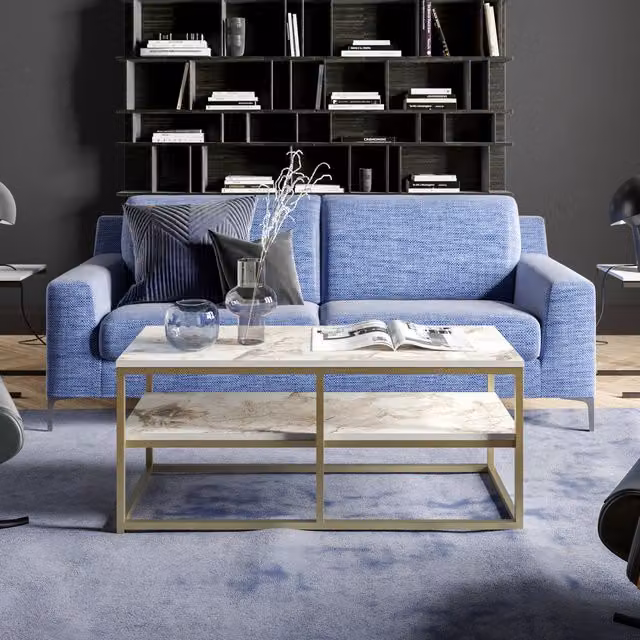 Decorotika Modern Rectangular Glass and Metal Coffee Table in White and Gold