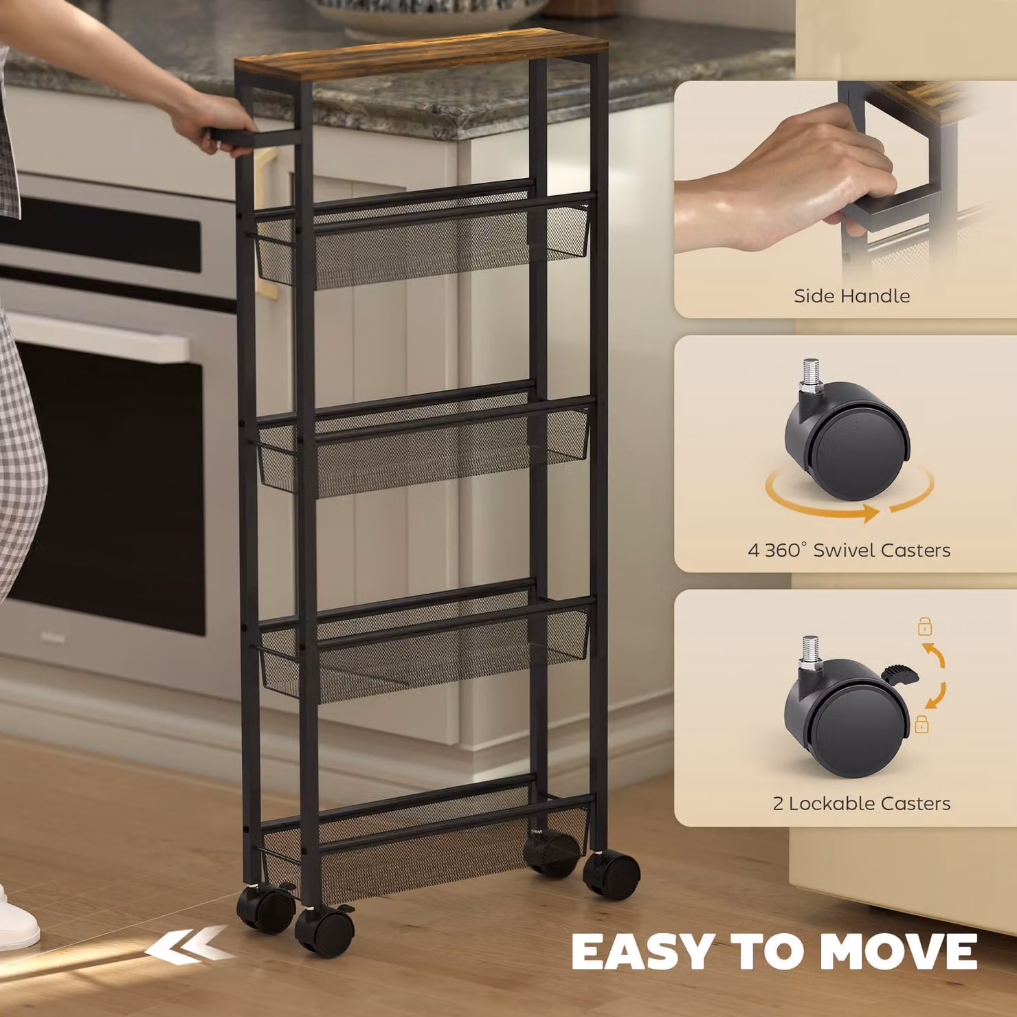 HOMCOM 5-Tier Slim Storage Trolley with Wood-effect Top and Wheels, Black – 4