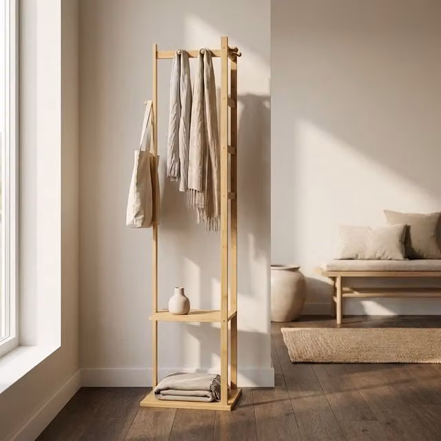 Storvo Narrow Wooden Coat Stand with 2 Shelves and Clothes Rail in Natural Brown