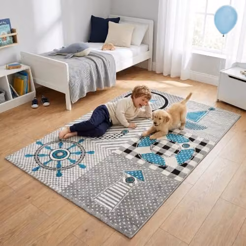 Bravich Grey and Multicolour Nautical Sailor Kids Rug, W: 120 cm, D: 170 cm – 3