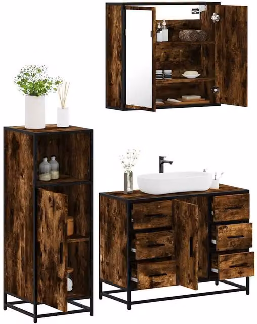 Berkfield Home 3 Piece Industrial Bathroom Furniture Set in Smoked Oak Brown – 1