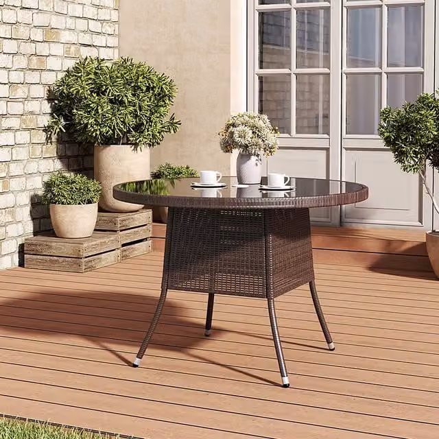Livingandhome Modern Brown Rattan Garden Coffee Table with Glass and Metal Top