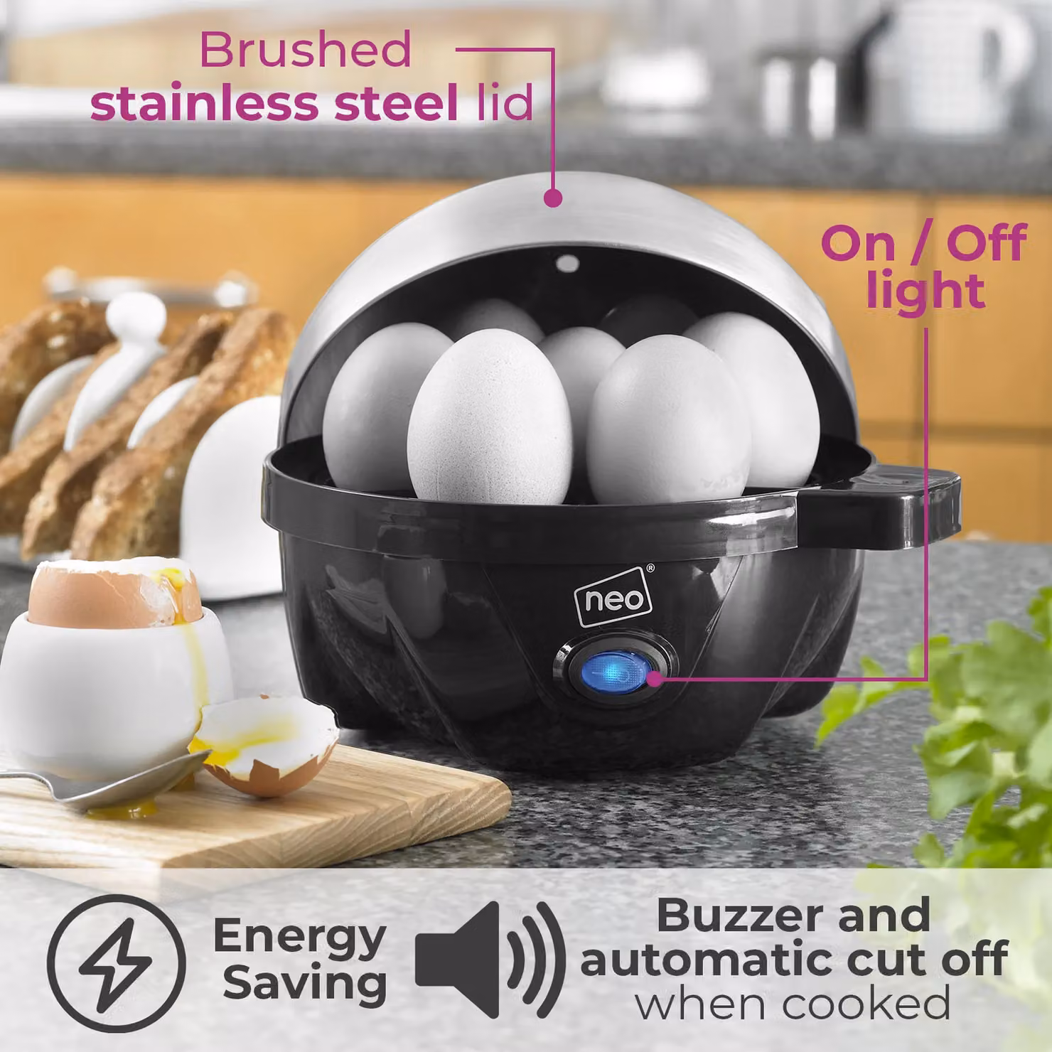 Neo Stainless Steel Electric Egg Boiler, Poacher and Steamer with Auto Shut-off in Grey – 3