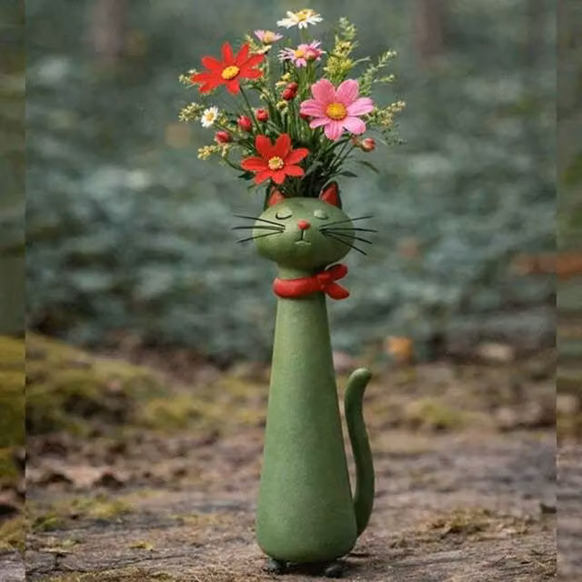 Quipulse Style 3 Cute Cat Shaped Ceramic Decorative Flower Vase in Multicolour and Green