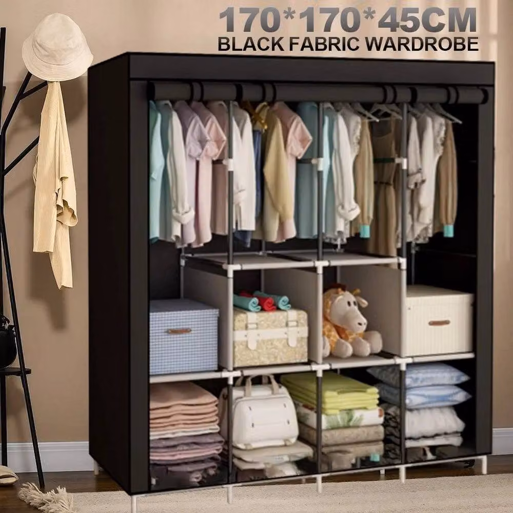 KORVIXA Black Fabric Canvas Wardrobe with Clothes Hanging Rail W/D/H: 100 x 100 x 100 cm – 3