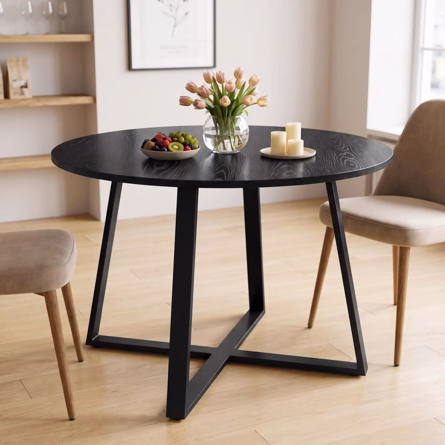 Round Wood Effect Dining Table with Black X-Frame Legs in Black and White, Diameter: 110 cm, Height: 75 cm
